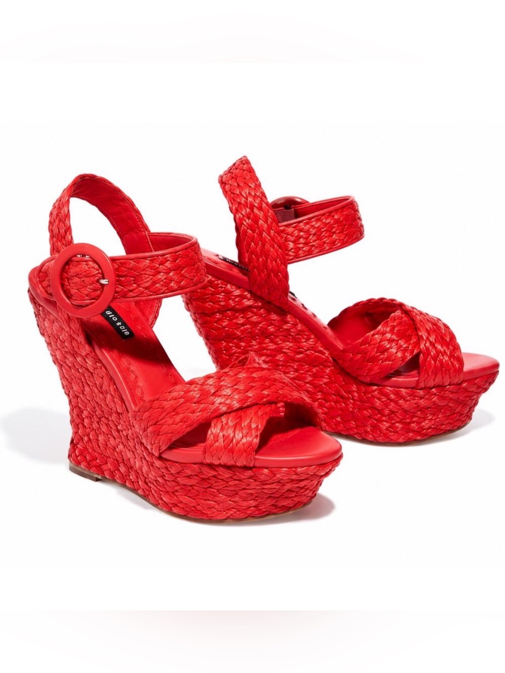 Alice + Olivia Josiey Poppy Red Braided Strap Raffia Platform Wedge Sandals 7.5